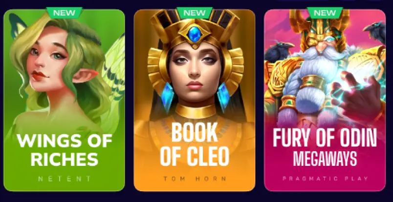 σειρά από νέα κουτιά slot με σήμανση new, εμφανίζονται οι τίτλοι wings of riches, book of cleo και fury of odin megaways